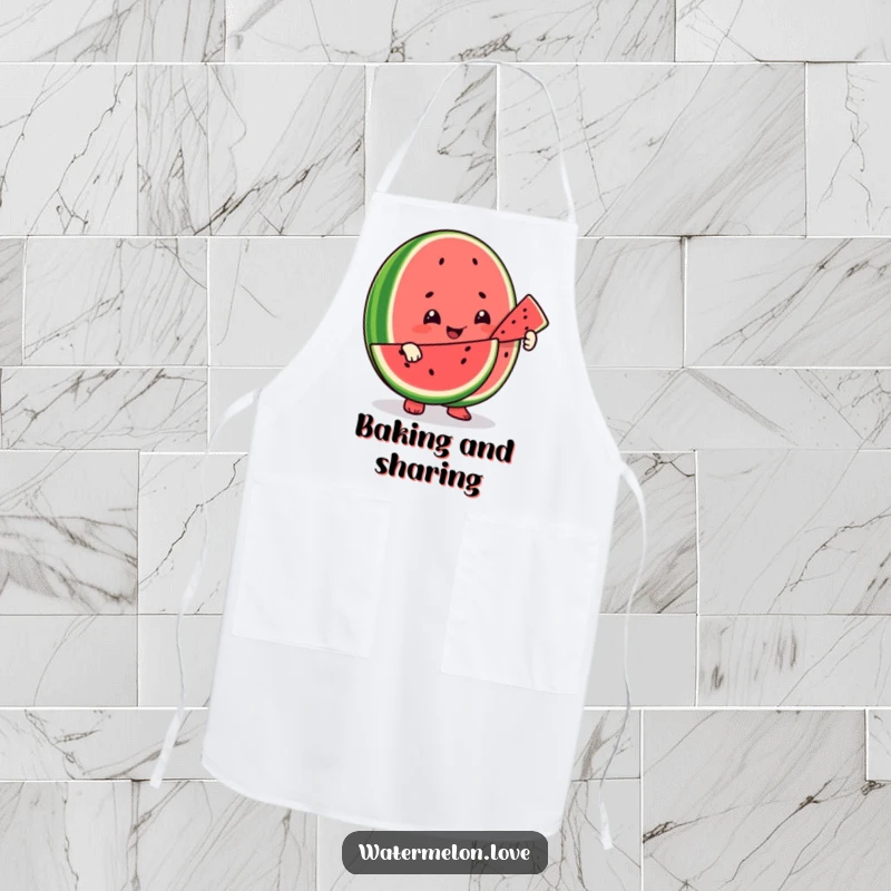 Funny apron with a smiling watermelon character offering a slice to another fruit, making cooking a cheerful act of sharing.