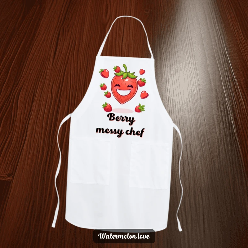 Funny apron showing a happy strawberry juggling berries, designed for kitchen fun and laughter.