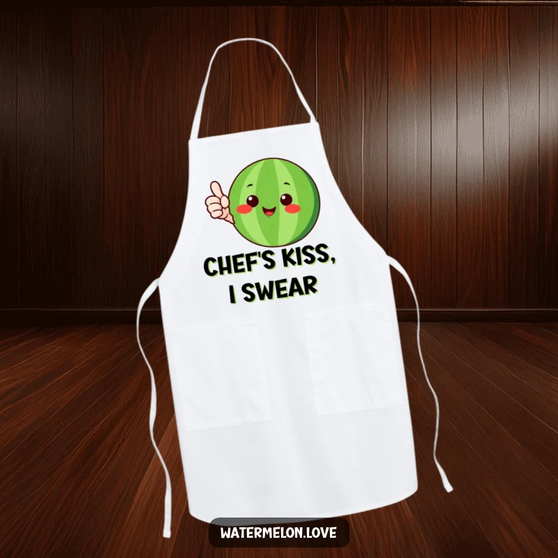 Funny watermelon character with green rind giving a happy thumbs-up, featured on a kitchen apron, a humorous and functional gift.