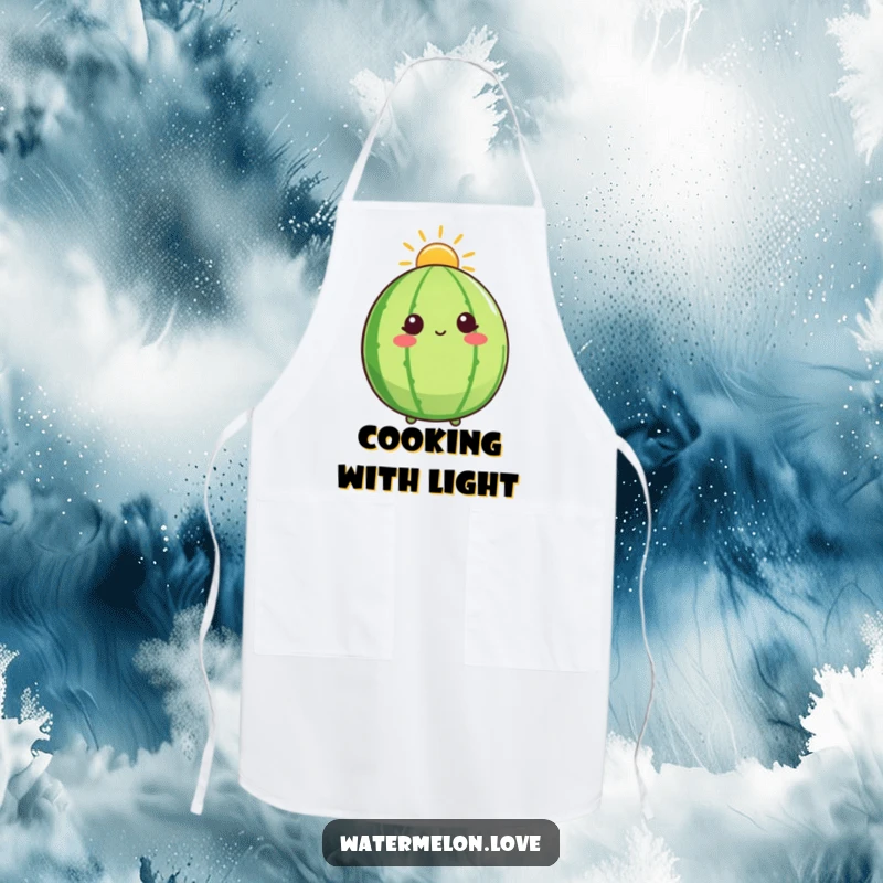 Funny apron with a watermelon character wearing a sunshine halo and looking up, bringing brightness and optimism to the kitchen.