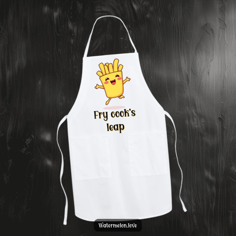 Funny apron showcasing an anthropomorphic french fry in a playful jump, adding a fun and energetic vibe to kitchen activities.