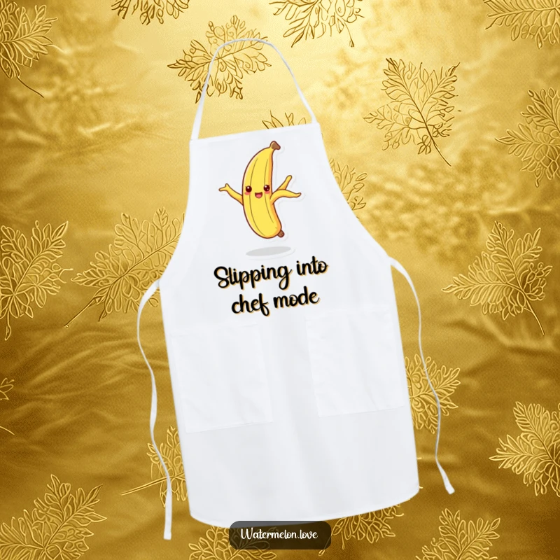 Funny dancing banana peel apron, a cheerful fruit peel in a silly dance pose, perfect for the kitchen.
