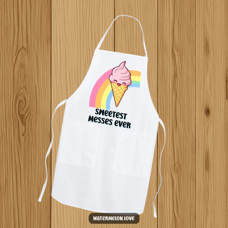 Funny apron with a winking anthropomorphic ice cream cone sliding down a rainbow, for culinary fun.