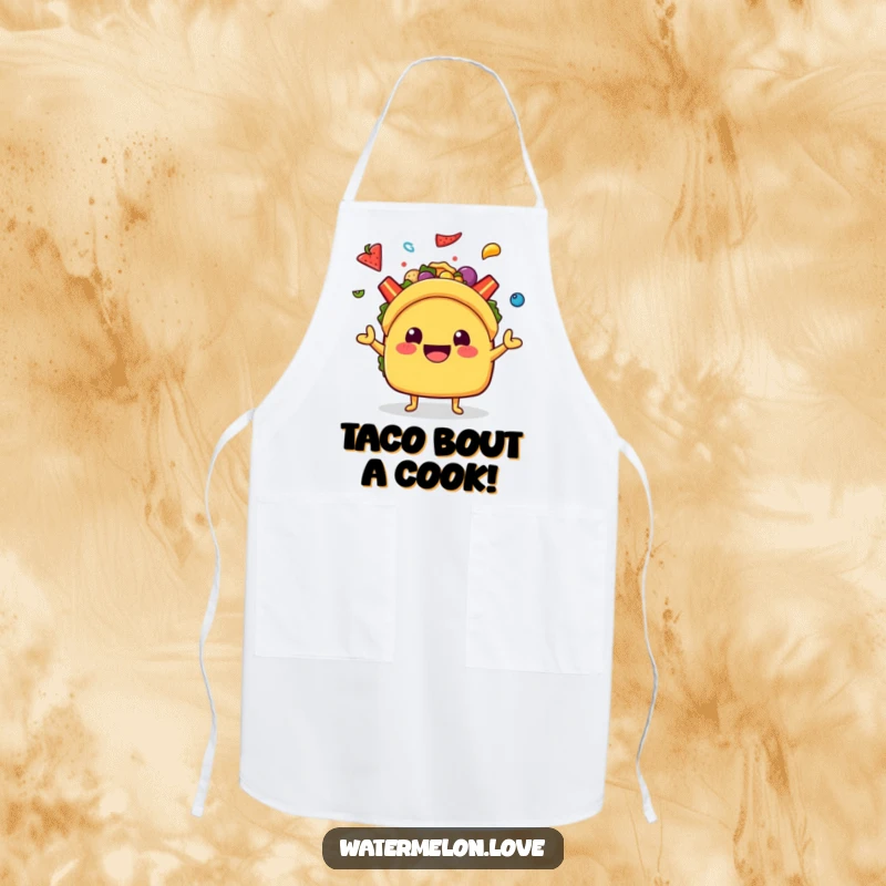 Funny Kawaii Taco Apron: A smiling taco character juggling colorful toppings, ready to make your cooking experience a fiesta.