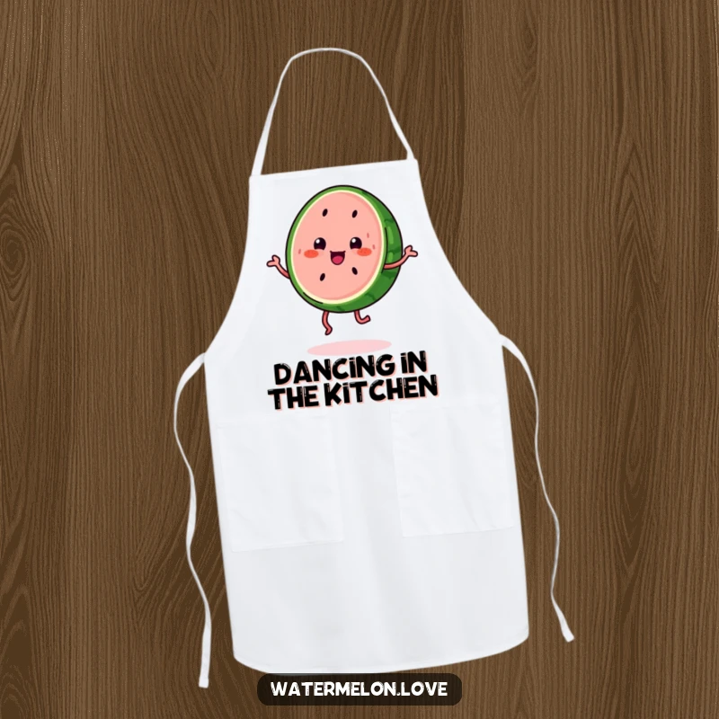 Funny kawaii watermelon slice with legs doing a happy jig, a humorous apron for kitchen enthusiasts.
