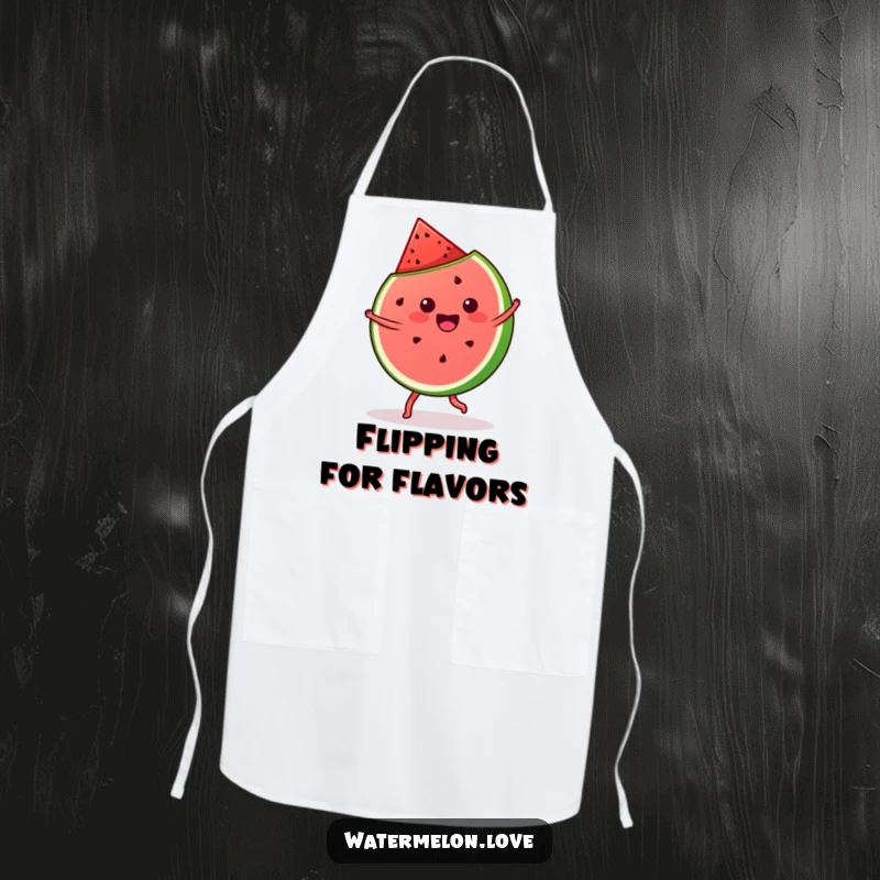 Funny apron illustrating a kawaii watermelon slice doing a cartwheel, ideal for kitchen fun and protection.