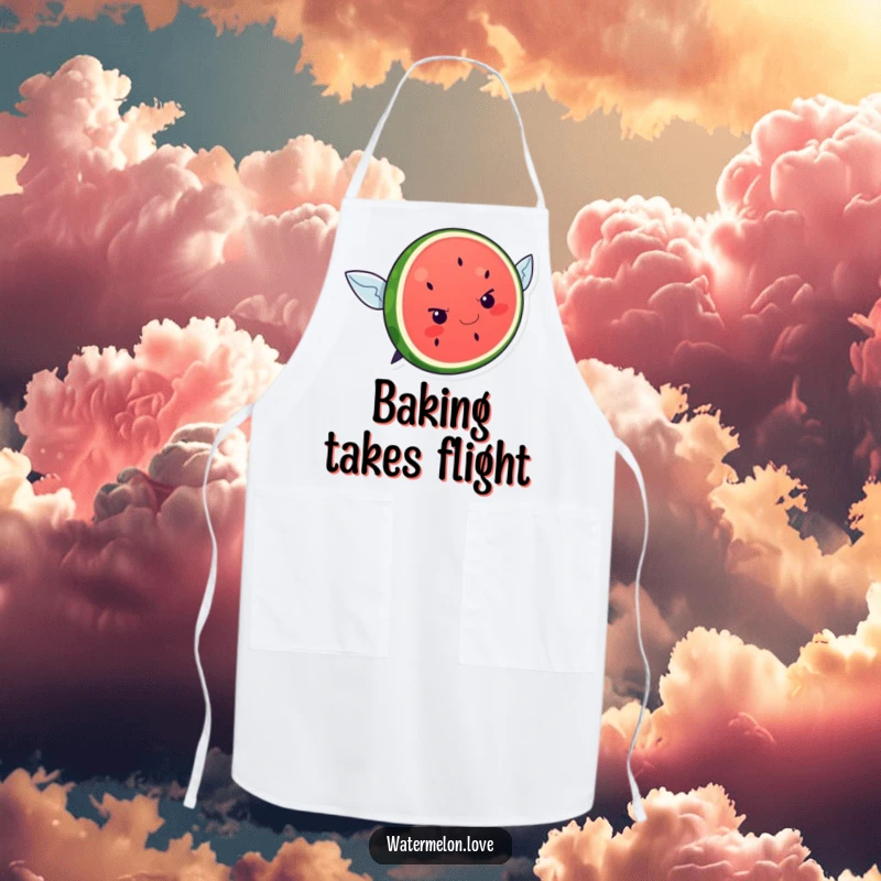 Funny apron illustrating a kawaii watermelon slice with a determined expression attempting to fly, ideal for kitchen ambition.