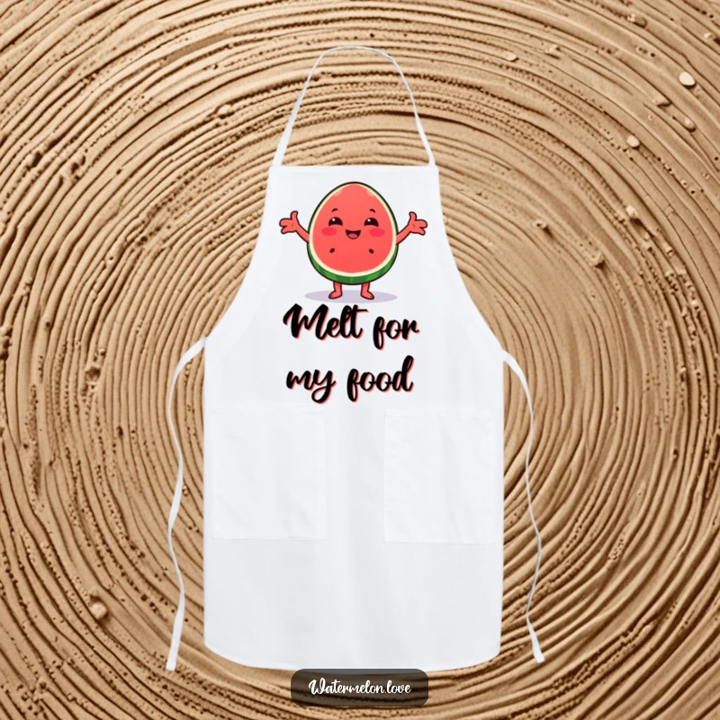 Funny Kawaii watermelon wedge apron, showing a cute character extending arms for a cheerful, loving hug while cooking.