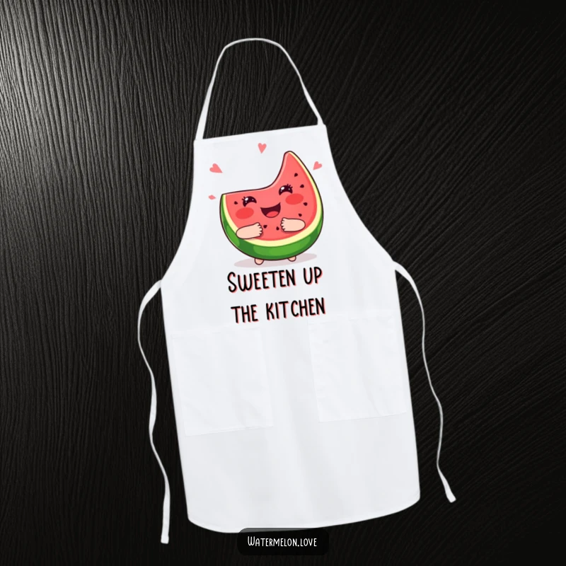 Funny kawaii watermelon slice apron, smiling sweetly and giving a juicy hug, kitchen wear, cooking accessory.