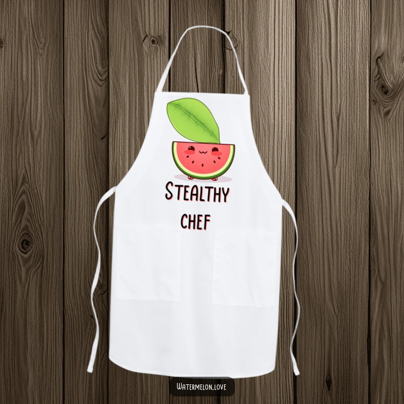 Funny apron with a blushing Kawaii watermelon slice peeking shyly from behind a large leaf, perfect for adding cute humor to kitchen tasks.