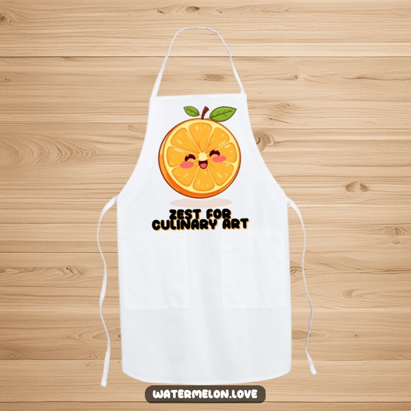 Funny apron showcasing a cheerful orange segment in a spinning pose, designed for kitchen fun and laughter.