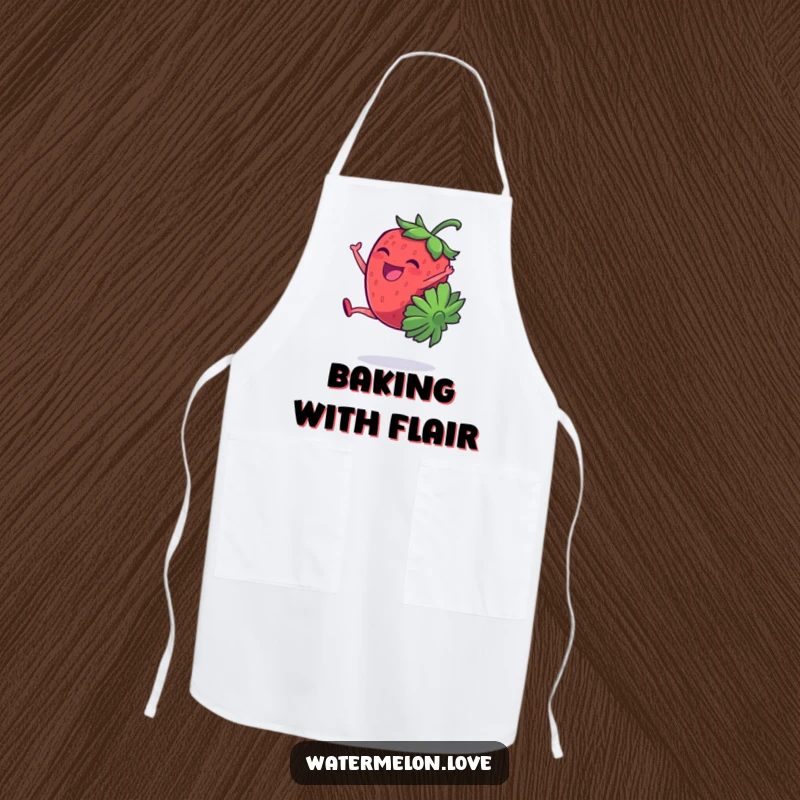 Kitchen apron featuring a funny, giggling strawberry character doing a cartwheel, ready for kitchen fun and laughter.