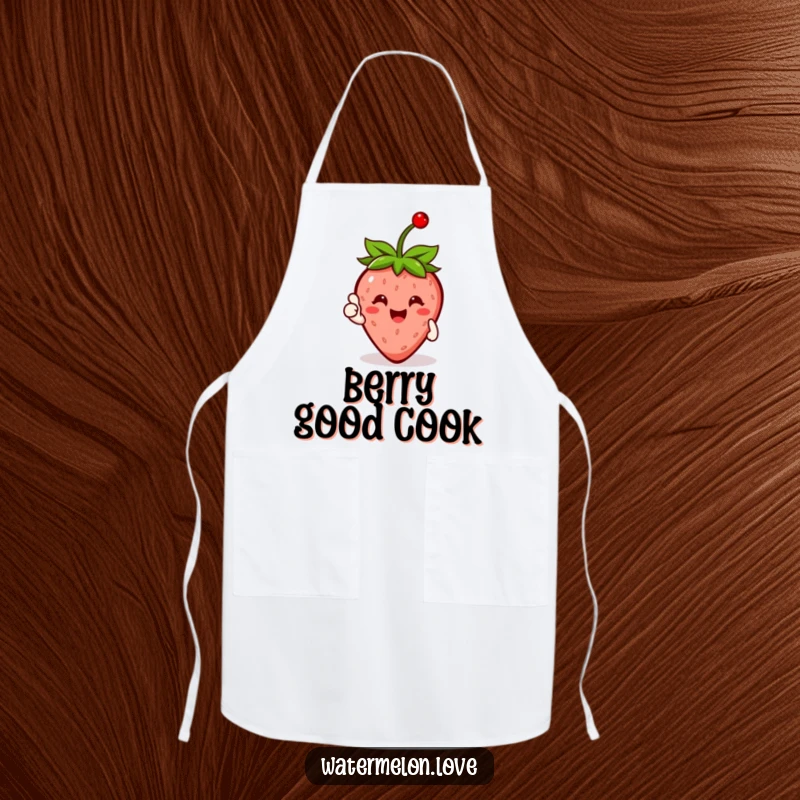 Funny Strawberry Apron with a cherry on top, giving a thumbs up, perfect for a cheerful and humorous cooking experience.