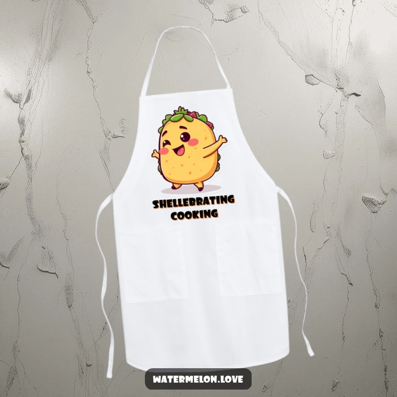 Funny taco apron, kitchen wear with anthropomorphic taco dancing playfully, humorous and practical cooking accessory.