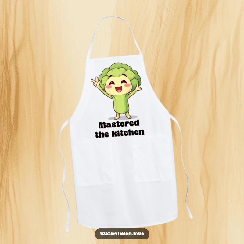 Funny Apron: Broccoli floret posing victoriously, kitchen accessory for healthy eaters, a humorous funny gift.