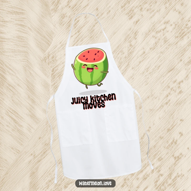 Funny watermelon apron, kitchen wear with anthropomorphic fruit character bouncing playfully, humorous cooking accessory.