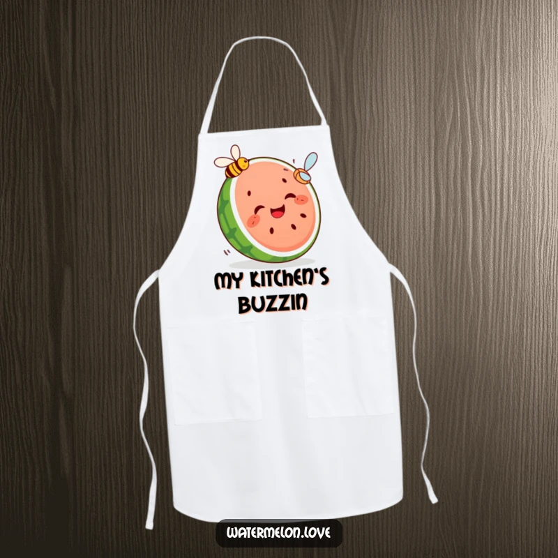 Funny apron showing a giggling segmented watermelon slice in a comical pursuit of a flying bee, perfect for a humorous kitchen experience.