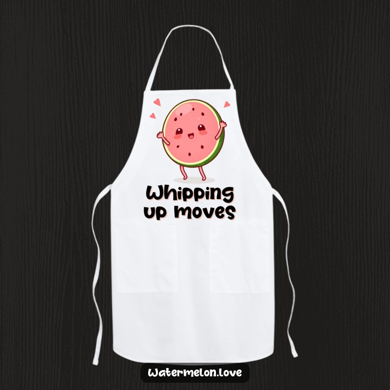 Funny apron with a watermelon slice character performing a lively dance, making kitchen tasks more entertaining and stylish.