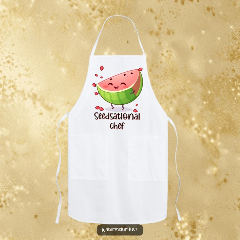Funny watermelon apron, a smiling slice with small legs, enthusiastically juggling seeds, perfect for a fun cooking experience.