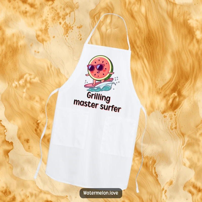 Funny kawaii watermelon slice with sunglasses surfing on a tiny wave, a humorous apron for cooks.