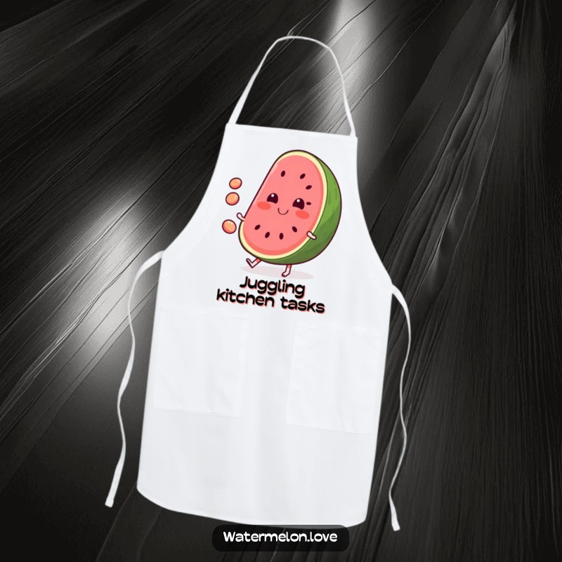 Funny Watermelon Apron: Playful design of a smiling watermelon juggling seeds, ideal for kitchen fun.