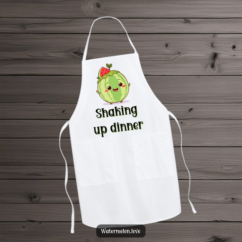 Funny Kawaii whole watermelon apron, featuring a grinning character with a leafy crown doing a playful shimmy while cooking.