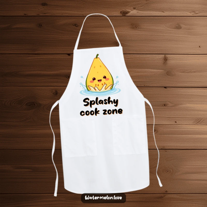 Funny melon apron, a cheerful anthropomorphic wedge happily splashing in a water droplet, perfect for a fun cooking experience.