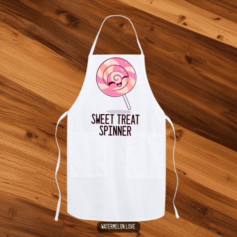 Funny apron designed with a winking anthropomorphic lollipop spinning happily, adding a sweet and playful touch to kitchen activities.