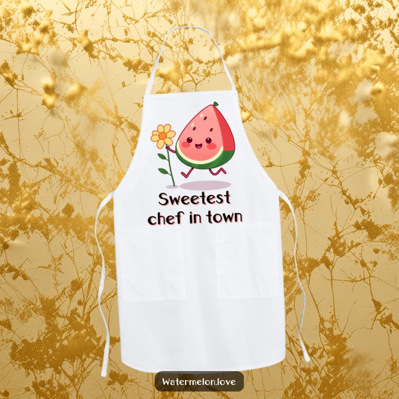Funny kawaii watermelon character with legs skipping happily with a flower, adorning a kitchen apron, a delightful and humorous gift.
