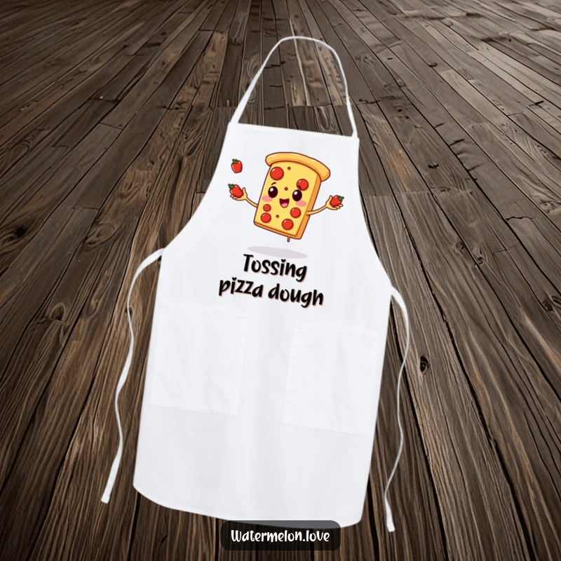 Funny pizza apron, kitchen wear with anthropomorphic pizza slice juggling pepperoni playfully, humorous and practical cooking accessory.