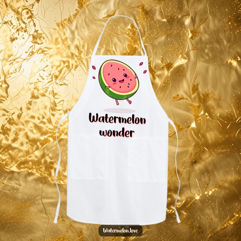 Funny Kawaii smiling watermelon slice doing a cartwheel, seeds flying, a humorous and practical kitchen accessory for summer.