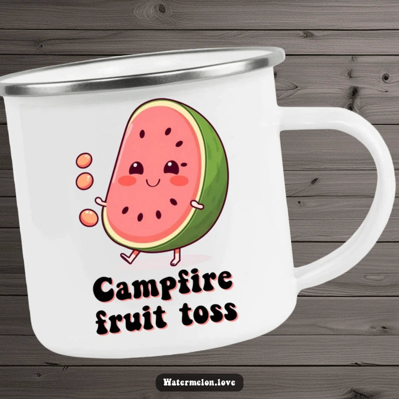 Funny Watermelon Camping Mug: Durable mug with a smiling watermelon juggling seeds, ready for summer outdoor fun.