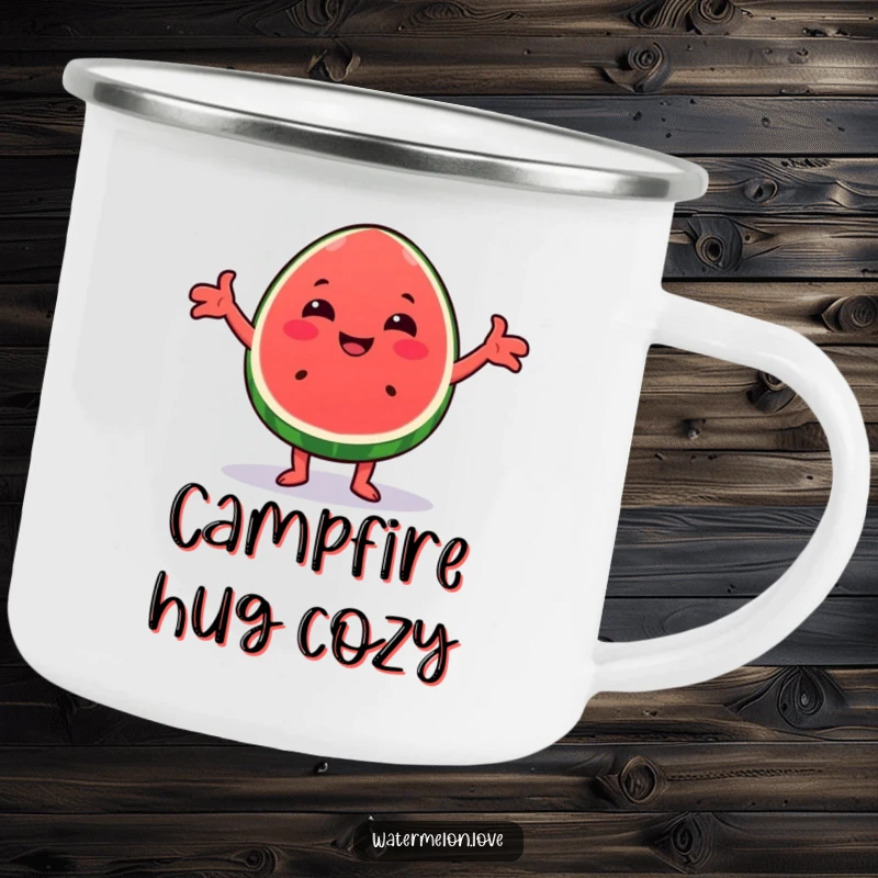 Funny Kawaii watermelon wedge camping mug, with arms open for a cheerful hug, ideal for outdoor enthusiasts.