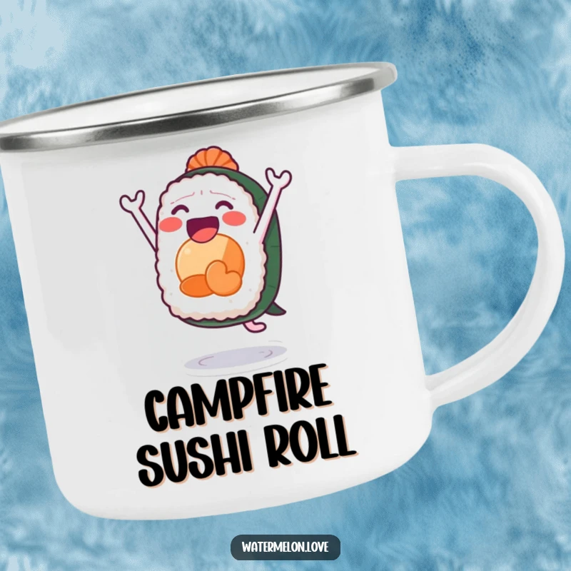 Funny sushi camping mug, enamel cup with anthropomorphic sushi leaping joyfully, rugged and humorous drinkware.