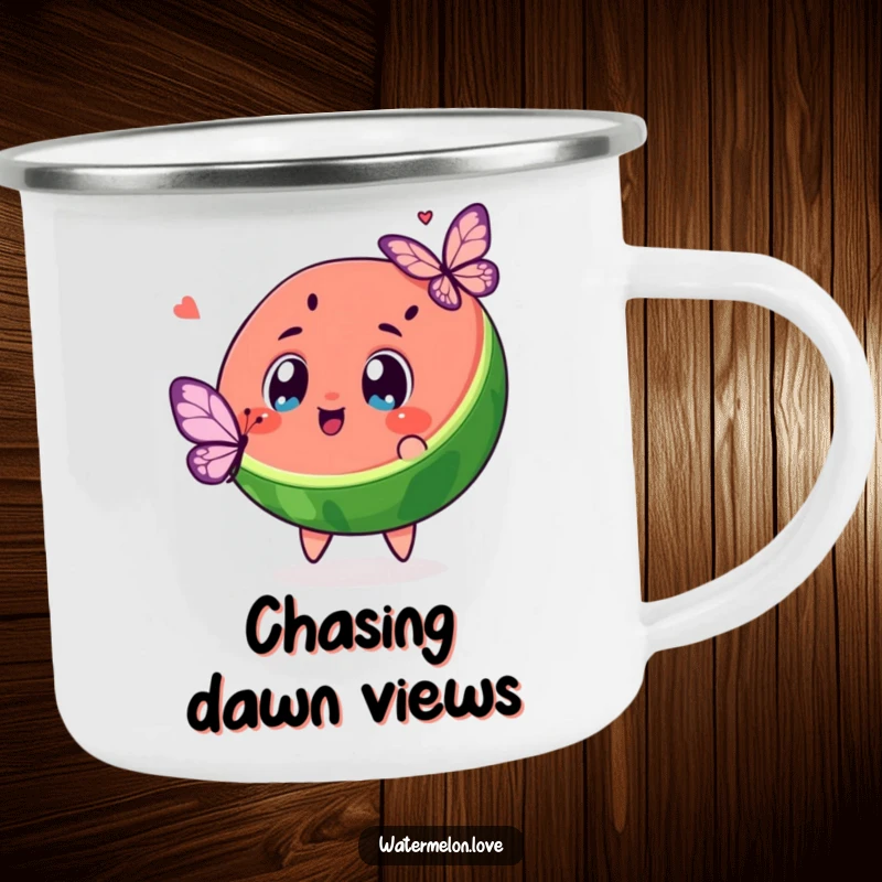 Funny kawaii watermelon slice chasing a butterfly on a durable camping mug, bringing whimsical fun outdoors.