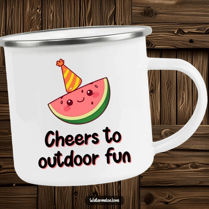 Funny Kawaii watermelon slice camping mug with a party hat, cheering, bringing festive humor outdoors.