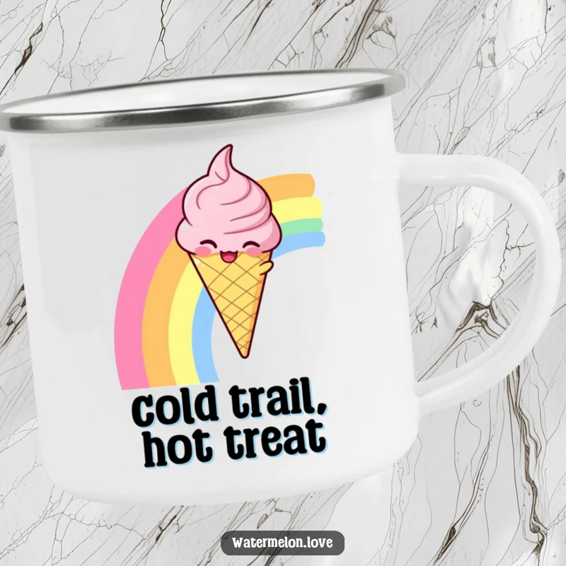 Funny camping mug with a winking anthropomorphic ice cream cone sliding down a rainbow, for outdoor enjoyment.