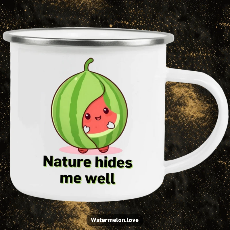 Cute watermelon character camping mug peeking from behind a cheerful leaf, ready for outdoor fun and adding a dose of charm.