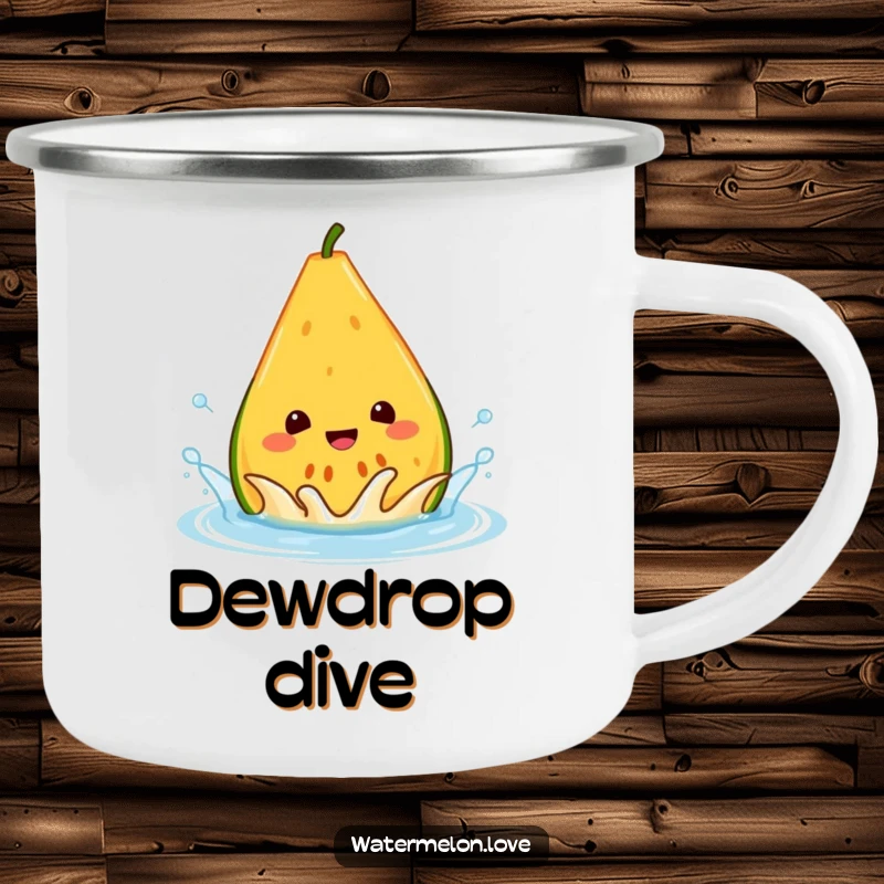Funny melon camping mug, a cheerful anthropomorphic wedge splashing in a water droplet, perfect for outdoor refreshment.