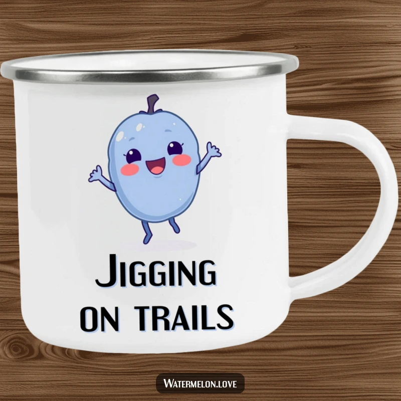 Funny Blueberry Camping Mug with a delighted berry doing a little jig, ideal for outdoor adventures and humor.