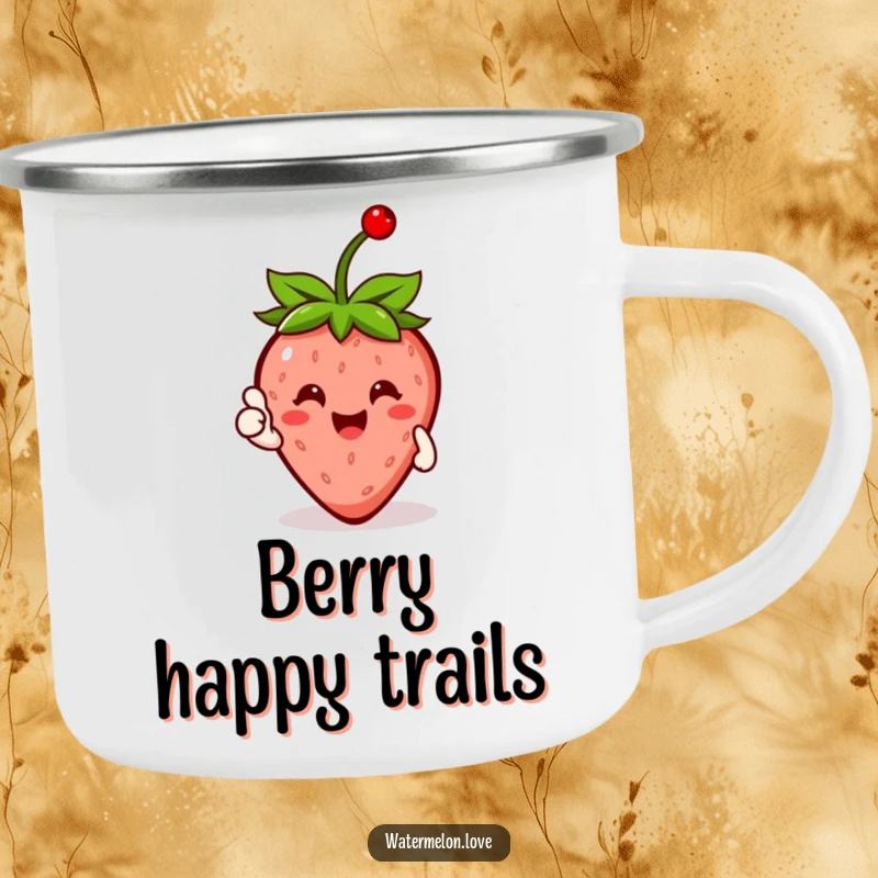 Funny Strawberry Camping Mug with a cherry on top, giving a thumbs up, ideal for outdoor adventures and humor.