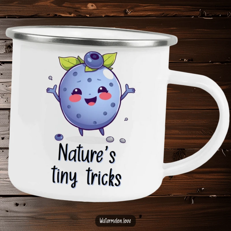 Funny camping mug featuring a jubilant anthropomorphic blueberry juggling seeds, adding a cheerful and playful element to outdoor drinks.
