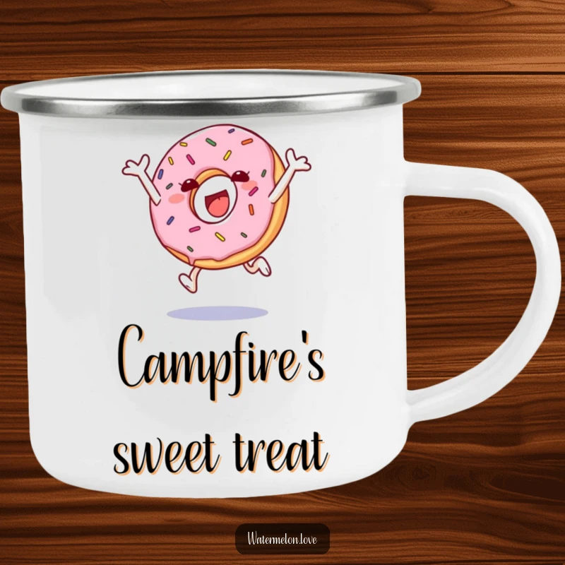Funny camping mug with a leaping anthropomorphic donut with sprinkles, for delightful outdoor sips.
