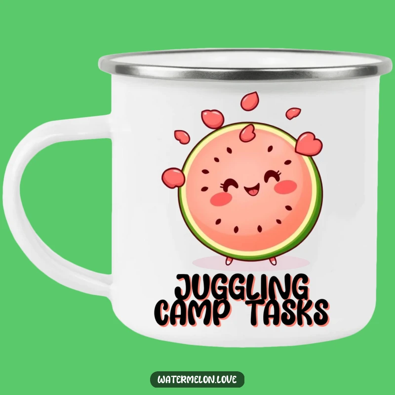 Funny Kawaii Watermelon Camp Mug: Hilarious Juggling Fruit for Outdoor Fun, Perfect Funny Gift