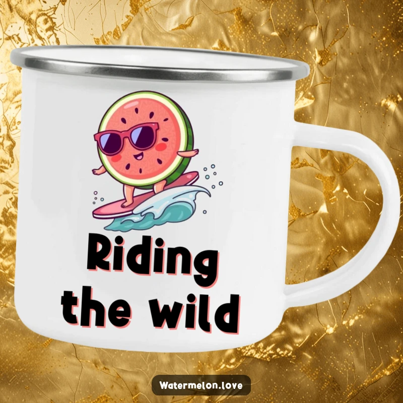 Funny kawaii watermelon slice with sunglasses surfing on a tiny wave, a humorous and sturdy camping mug.