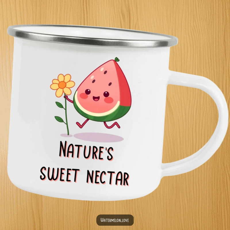 Funny kawaii watermelon character with legs skipping with a flower, printed on a durable camping mug, a humorous outdoor gift.