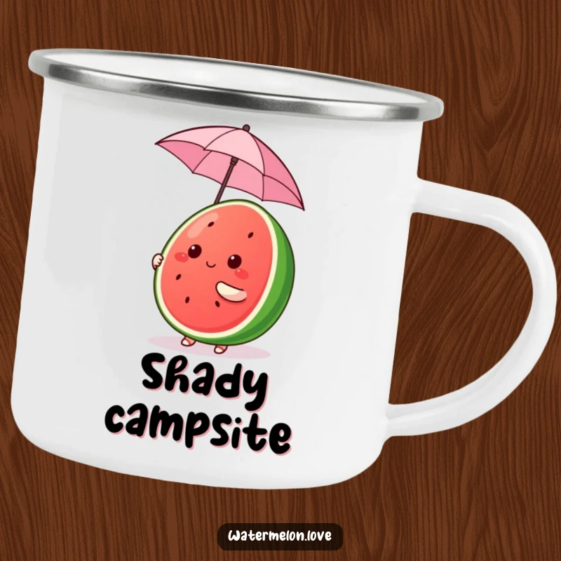 Funny Kawaii Watermelon Camping Mug, cute fruit character comically balancing a tiny umbrella, durable cheerful funny gift.