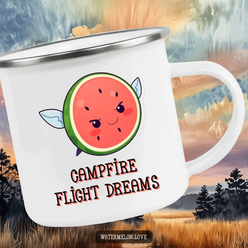 Funny kawaii watermelon slice attempting to fly on a durable camping mug, bringing ambitious fun outdoors.