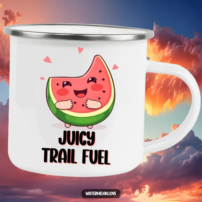 Funny kawaii watermelon slice camping mug, cheerfully giving a juicy hug, enamel mug for outdoor use.
