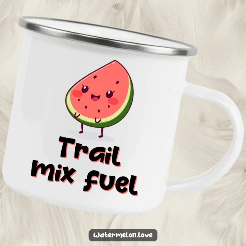 Funny Kawaii watermelon slice camping mug with a smiling character joyfully bouncing, designed for outdoor adventures and fun.